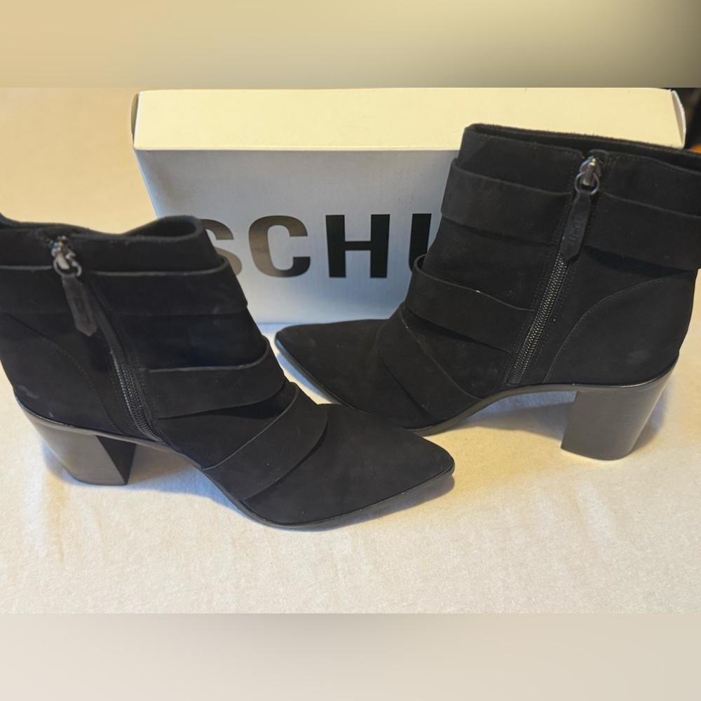 SCHUTZ w 8.5 Black Suede Ankle Boots with Buckles, Block Heel, Pointed Toe - Picture 4 of 13